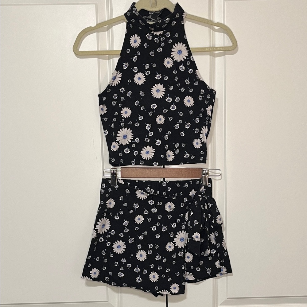 Forever 21 Black, Blue & White Floral Halter Crop Top and Skort Set